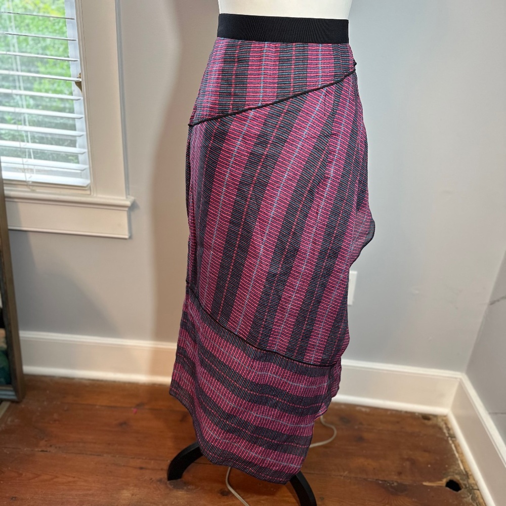 PerSe Faux Wrap long skirt. Texture fabric. Vertical & horizontal stripe. SZ 10